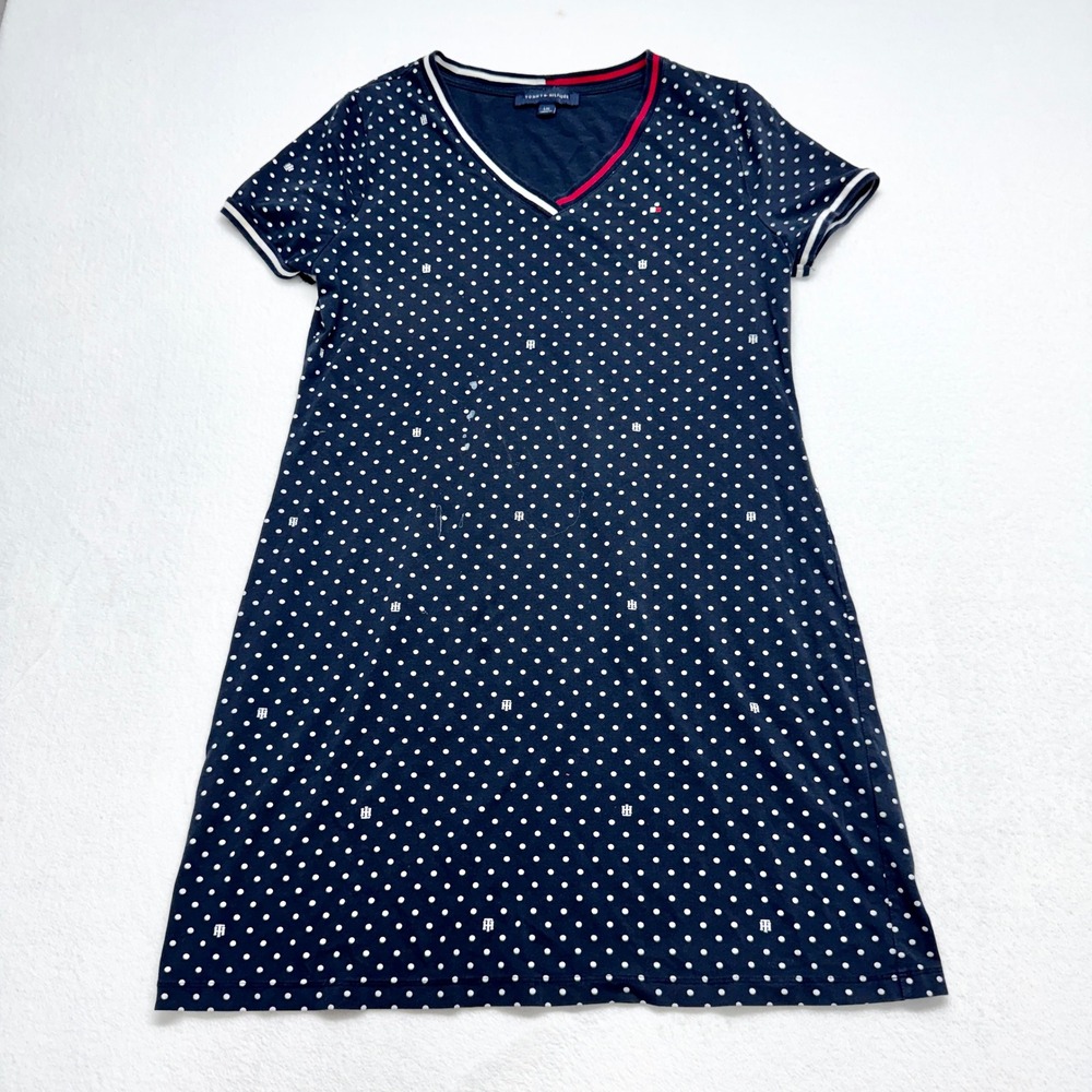 Tommy Hilfiger Polka Dot T-Shirt Dress Women L Blue V-Neck Cotton Stretch Size L